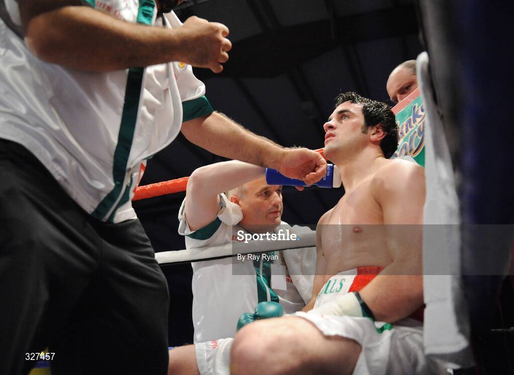 15 November 2008; Henry Coyle gets advice from his corner during his fight against Serjejs Savrinovics, Russia. Hunky Dory Fight Night, Breaffy House Hotel, Mayo. Picture credit: Ray Ryan / SPORTSFILE