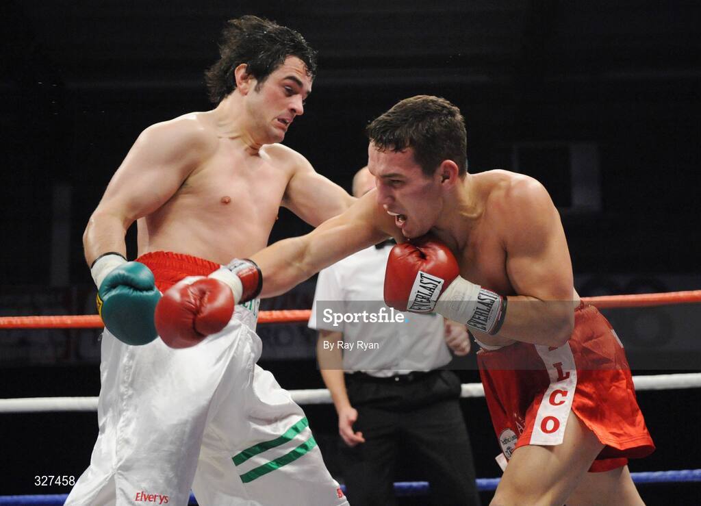 15 November 2008; Henry Coyle, left, lands a punch on his Russian opponent, Serjejs Savrinovics. Hunky Dory Fight Night, Breaffy House Hotel, Mayo. Picture credit: Ray Ryan / SPORTSFILE