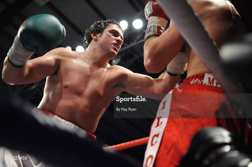 15 November 2008; Henry Coyle lands a punch on his  Russian opponent, Serjejs Savrinovics. Hunky Dory Fight Night, Breaffy House Hotel, Mayo. Picture credit: Ray Ryan / SPORTSFILE