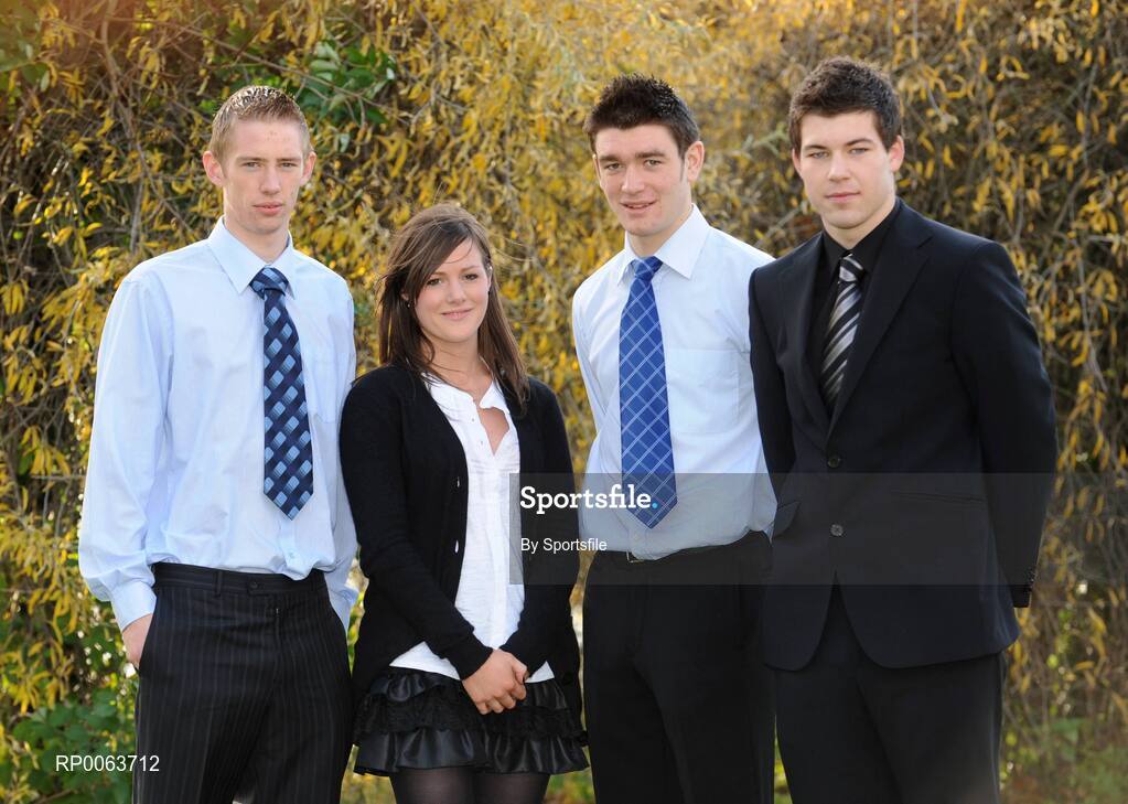 14 November 2008; Carlow dual star Denis Murphy, left, pictured with his gaelic football team-mates Shane Redmond and Daniel St. Ledger, right, and Wexford gaelic footballer Aoife Waters at the announcement of the new UCD Scholarship recipients for 2008/2009, O'Reilly Hall, UCD. Photo by Sportsfile