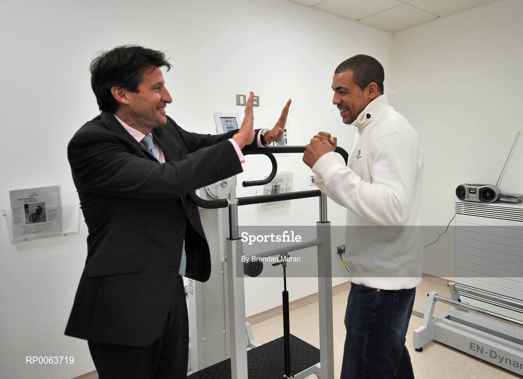 14 November 2008; Lord Sebastian Coe, Chairman of London 2012 Olympic Games and Paralympic Games, today officially opened SSC, a new 75million euro world-class hospital that brings together the expertise of consultants in Orthopaedics, Diagnostics and Sports Medicine in a purpose built clinic, one of only a handful of its kind worldwide. Lord Coe is pictured with boxer and Olympic bronze medalist Darren Sutherland. Located at Santry Demesne in Dublin, the 130,000 sq ft. SSC will employ over 160 staff, and caters for people of all ages affected by musculoskeletal injuries, which includes major joint replacement, specialist sports medicine clinics and rehabilitation programmes. Santry Demense, Santry, Dublin. Picture credit: Brendan Moran / SPORTSFILE