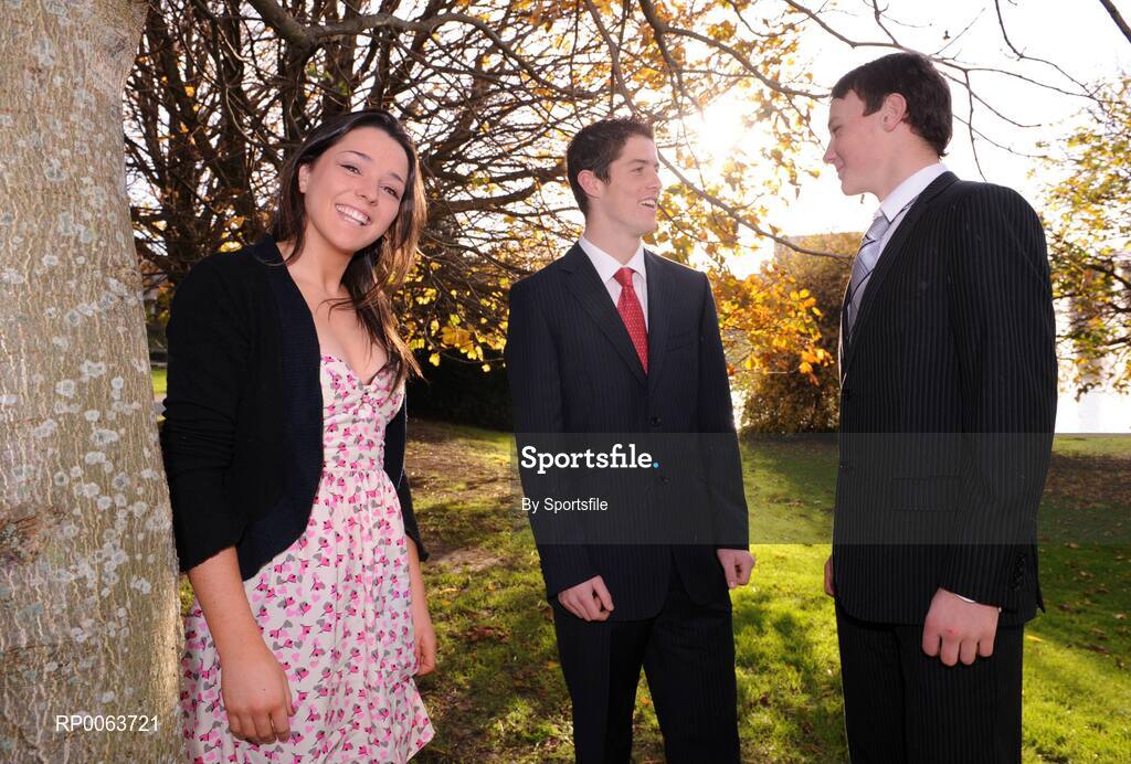 14 November 2008; Rising stars of Dublin GAA, hurlers Liam Rushe, right, and Rory Carroll with gaelic footballer Sinead Ni Gaulraic at the announcement of the new UCD Scholarship recipients for 2008/2009, O'Reilly Hall, UCD. Photo by Sportsfile