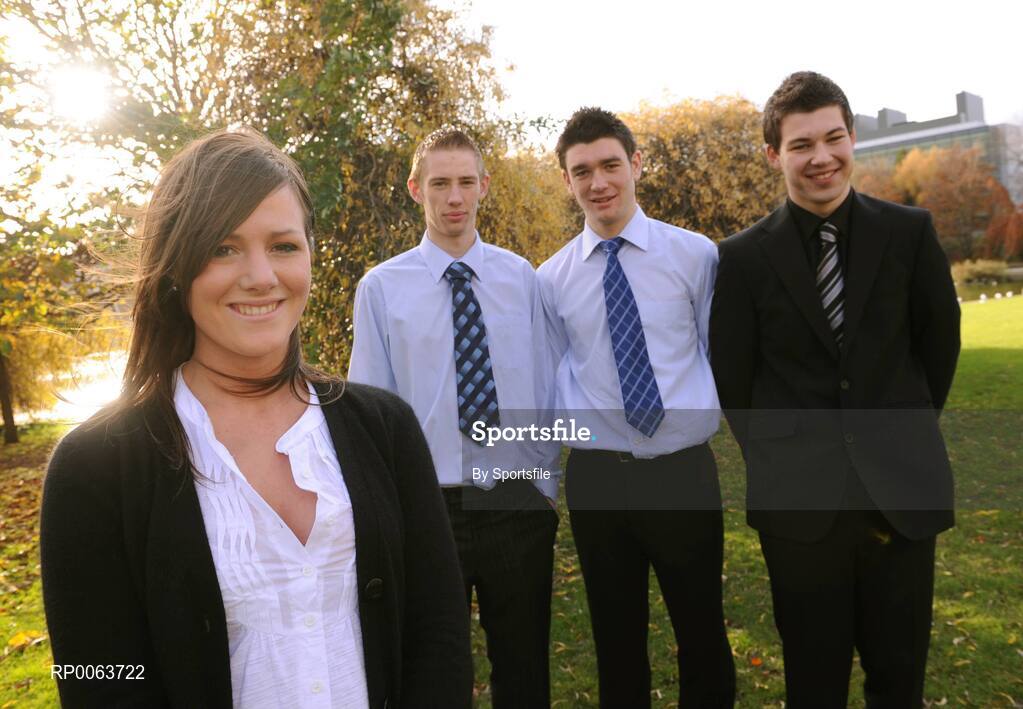 14 November 2008; Carlow dual star Denis Murphy, left, pictured with his gaelic football team-mates Shane Redmond and Daniel St. Ledger, right, and Wexford gaelic footballer Aoife Waters at the announcement of the new UCD Scholarship recipients for 2008/2009, O'Reilly Hall, UCD. Photo by Sportsfile