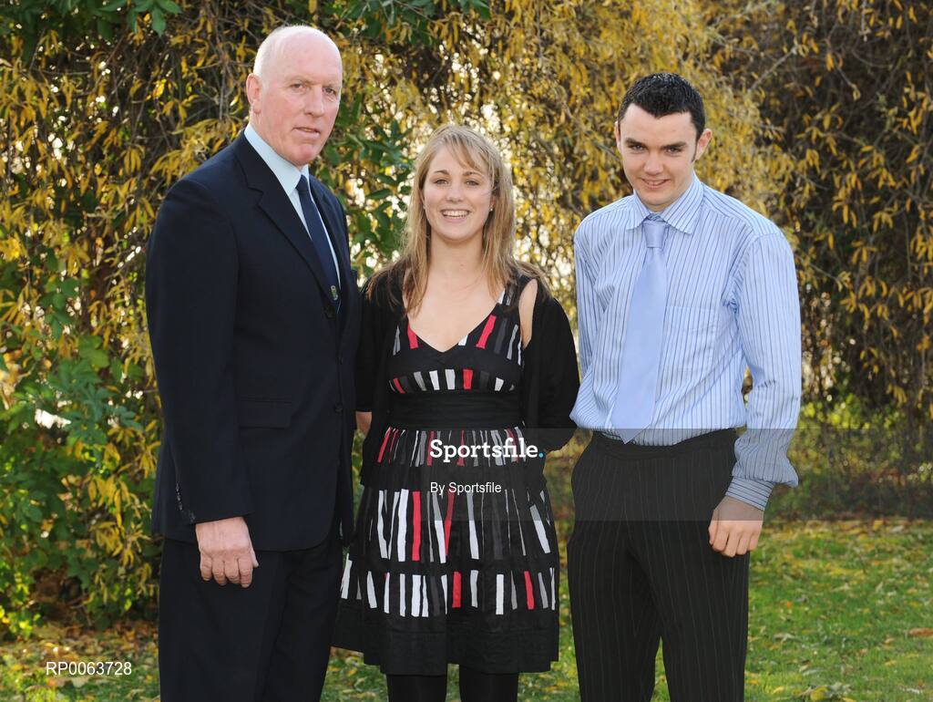 14 November 2008; Brian Mullins, UCD's Director of Sport, with Kilkenny's Intermediate All ireland camogie team member Leann Fennelly and Minor All Ireland hurling team member Daniel Purcell who were both awarded Sports scholarships in UCD for 2008/2009, O'Reilly Hall, UCD. Photo by Sportsfile