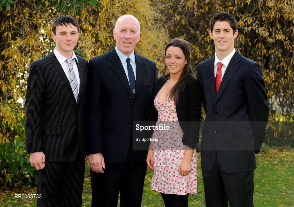 14 November 2008; Brian Mullins, UCD's Director of Sport, with rising stars of Dublin GAA, hurlers Liam Rushe, left, and Rory Carroll with gaelic footballer Sinead Ni Gaulraic at the announcement of the new UCD Scholarship recipients for 2008/2009, O'Reilly Hall, UCD. Photo by Sportsfile