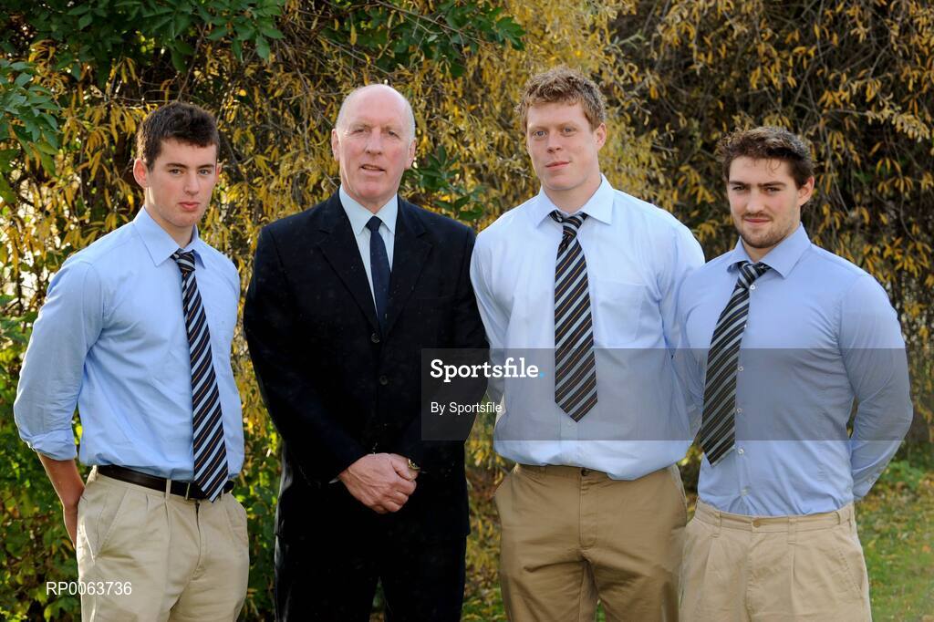 14 November 2008; Brian Mullins, UCD's Director of Sport, with St. Michael's College graduates and new UCD rugby scholarship recipients, Noel Reid, left, Keelan McKenna and Andy Pollard, right, at the announcement of the new UCD Scholarship recipients for 2008/2009, O'Reilly Hall, UCD. Photo by Sportsfile