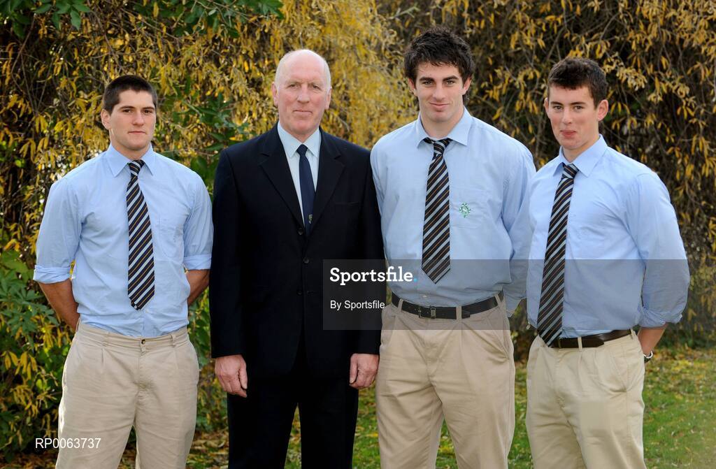 14 November 2008; Brian Mullins, UCD's Director of Sport, with rugby stars of the future. First year rugby scholarship recipients Ian McKinley, left, Shane Grannell and Noel Reid, right, at the announcement of the new UCD Scholarship recipients for 2008/2009, O'Reilly Hall, UCD. Photo by Sportsfile
