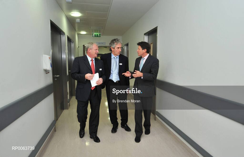 14 November 2008; Lord Sebastian Coe, Chairman of London 2012 Olympic Games and Paralympic Games, today officially opened SSC, a new 75million euro world-class hospital that brings together the expertise of consultants in Orthopaedics, Diagnostics and Sports Medicine in a purpose built clinic, one of only a handful of its kind worldwide. Lord Coe is pictured with Michael Kinsella, SSC Chairman, left, and SSC Medical Director Ray Moran, centre. Located at Santry Demesne in Dublin, the 130,000 sq ft. SSC will employ over 160 staff, and caters for people of all ages affected by musculoskeletal injuries, which includes major joint replacement, specialist sports medicine clinics and rehabilitation programmes. Santry Demense, Santry, Dublin. Picture credit: Brendan Moran / SPORTSFILE