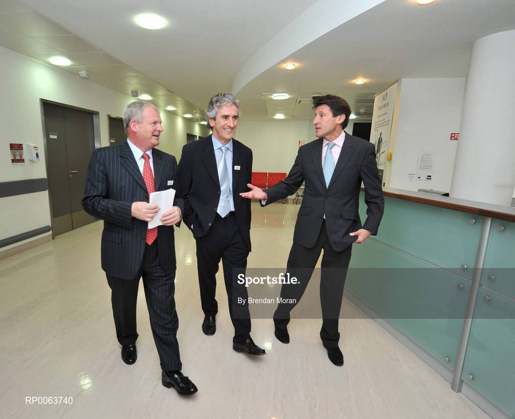 14 November 2008; Lord Sebastian Coe, Chairman of London 2012 Olympic Games and Paralympic Games, today officially opened SSC, a new 75million euro world-class hospital that brings together the expertise of consultants in Orthopaedics, Diagnostics and Sports Medicine in a purpose built clinic, one of only a handful of its kind worldwide. Lord Coe is pictured with Michael Kinsella, SSC Chairman, left, and SSC Medical Director Ray Moran, centre. Located at Santry Demesne in Dublin, the 130,000 sq ft. SSC will employ over 160 staff, and caters for people of all ages affected by musculoskeletal injuries, which includes major joint replacement, specialist sports medicine clinics and rehabilitation programmes. Santry Demense, Santry, Dublin. Picture credit: Brendan Moran / SPORTSFILE
