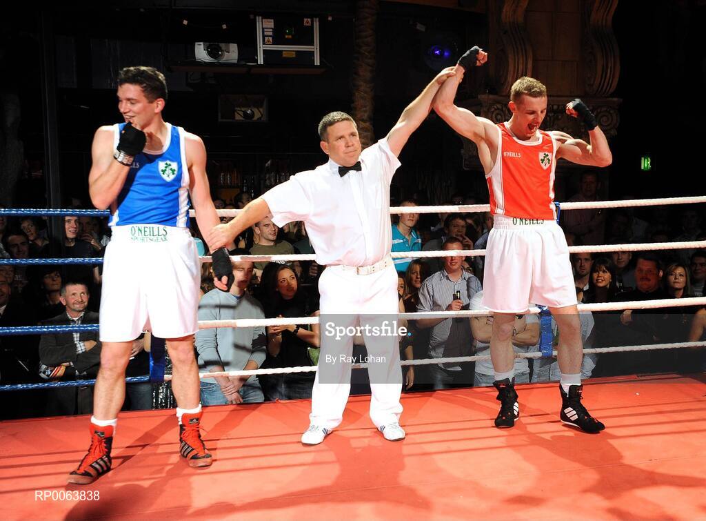 15 November 2008; Alan Smith, red, celebrates victory over Eamonn Callaghan. TV3 Kildare GAA Fight Night, Time: bar + venue, Naas, Co. Kildare. Picture credit: Ray Lohan / SPORTSFILE  *** Local Caption ***