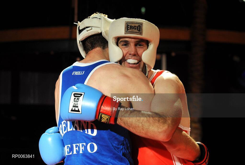 15 November 2008; Killian Brennan, right, congratulates Willie Heffernan after the fight. TV3 Kildare GAA Fight Night, Time: bar + venue, Naas, Co. Kildare. Picture credit: Ray Lohan / SPORTSFILE  *** Local Caption ***