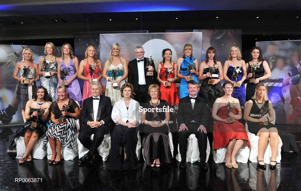 15 November 2008; The 2008 Ladies Football All Stars, back from left, Nollaig Cleary, Cork, Amanda Casey, Monaghan, Juliet Murphy, Cork, Neamh Woods, Tyrone, Brid Stack, Cork, Michael Corkery on behalf of his daughter Briege Corkery, Cork, Sharon Courtney, Monaghan, Angela Walsh, Cork, Linda Barrett, Cork, Elaine Harte, Cork and Edel Hanley, Tipperary, with, front, from left, Niamh Kindlon, Monaghan, Michaela Downey, Down, Tony Towell, O'Neills, President Mary McAleese, Geraldine Giles, President, Cumann Peil na mBan, Pol Gallchoir, Ceannsai, TG4, Edel Byrne, Monaghan and Cora Staunton, Mayo. TG4 O'Neill's Ladies Football All-Stars Awards, Citywest Hotel, Dublin. Picture credit: Brendan Moran / SPORTSFILE
