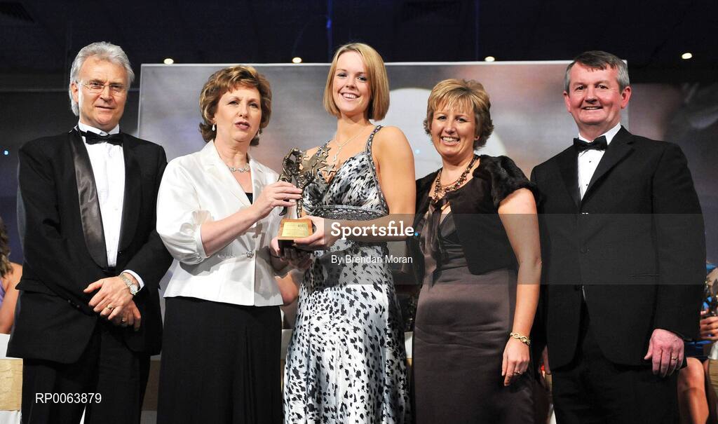 15 November 2008; Amanda Casey of Monaghan, is presented with her All-Star award by President Mary McAleese, in the company of, from left, Tony Towell, O'Neills, Geraldine Giles, President, Cumann Peil na mBan and Pol O Gallchoir, Ceannsai, TG4. TG4 O'Neill's Ladies Football All-Stars Awards, Citywest Hotel, Dublin. Picture credit: Brendan Moran / SPORTSFILE