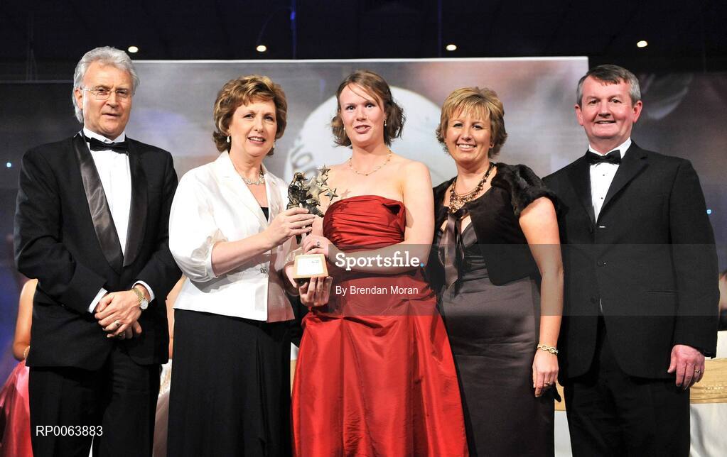 15 November 2008; Edel Byrne of Monaghan, is presented with her All-Star award by President Mary McAleese, in the company of, from left, Tony Towell, O'Neills, Geraldine Giles, President, Cumann Peil na mBan and Pol O Gallchoir, Ceannsai, TG4. TG4 O'Neill's Ladies Football All-Stars Awards, Citywest Hotel, Dublin. Picture credit: Brendan Moran / SPORTSFILE
