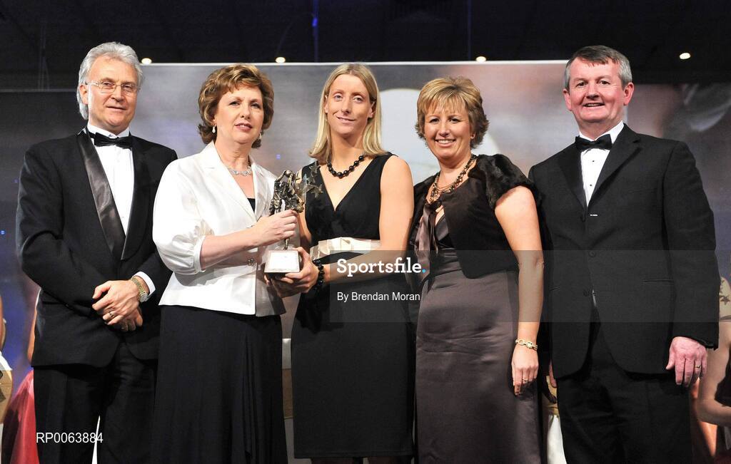 15 November 2008; Cora Staunton of Mayo, is presented with her All-Star award by President Mary McAleese, in the company of, from left, Tony Towell, O'Neills, Geraldine Giles, President, Cumann Peil na mBan and Pol O Gallchoir, Ceannsai, TG4. TG4 O'Neill's Ladies Football All-Stars Awards, Citywest Hotel, Dublin. Picture credit: Brendan Moran / SPORTSFILE
