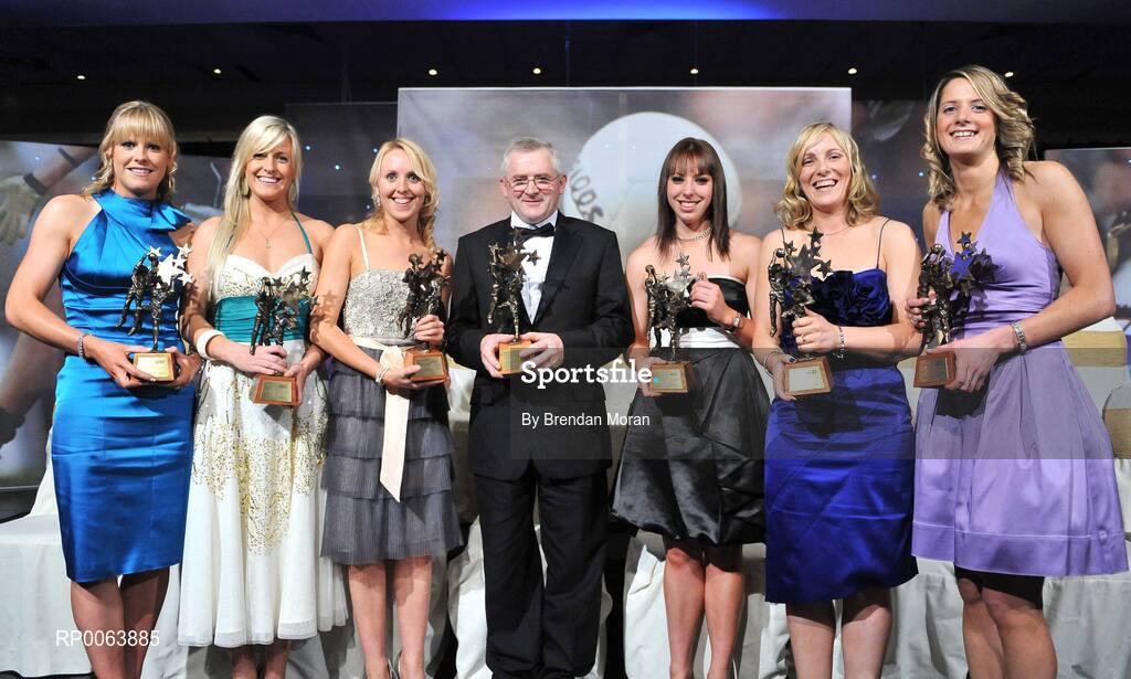 15 November 2008; Cork All Star award winners, from left, Angela Walsh, Brid Stack, Nollaig Cleary, Michael Corkery on behalf of his daughter Briege Corkery, Linda Barrett, Elaine Harte and Juliet Murphy. TG4 O'Neill's Ladies Football All-Stars Awards, Citywest Hotel, Dublin. Picture credit: Brendan Moran / SPORTSFILE