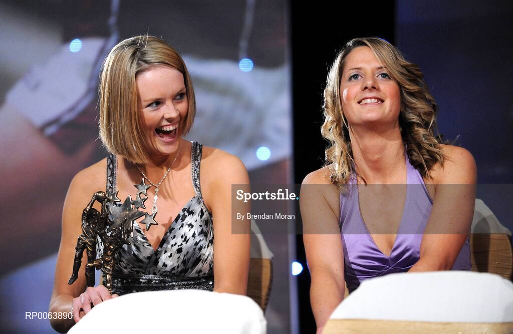 15 November 2008; Monaghan All Star award winner Amanda Casey, left, with Juliet Murphy of Cork, after receiving their awards. TG4 O'Neill's Ladies Football All-Stars Awards, Citywest Hotel, Dublin. Picture credit: Brendan Moran / SPORTSFILE