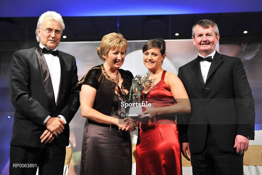 15 November 2008; Jane Ward of Tyrone, is presented with the Ulster Young Player of the Year by Geraldine Giles, President, Cumann Peil na mBan, in the company of, from left, Tony Towell, O'Neills, and Pol O Gallchoir, Ceannsai, TG4. TG4 O'Neill's Ladies Football All-Stars Awards, Citywest Hotel, Dublin. Picture credit: Brendan Moran / SPORTSFILE