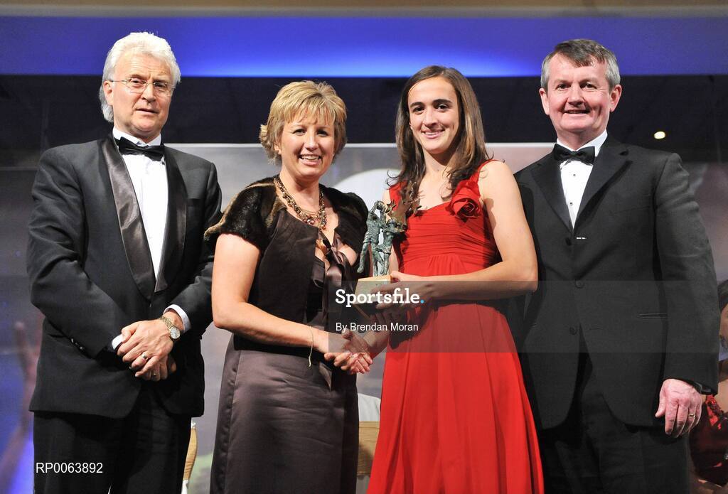 15 November 2008; Dora Gorman of Galway, is presented with the Connacht Young Player of the Year by Geraldine Giles, President, Cumann Peil na mBan, in the company of, from left, Tony Towell, O'Neills, and Pol O Gallchoir, Ceannsai, TG4. TG4 O'Neill's Ladies Football All-Stars Awards, Citywest Hotel, Dublin. Picture credit: Brendan Moran / SPORTSFILE