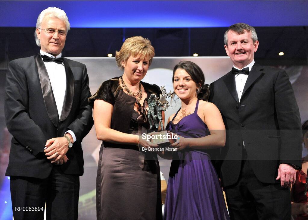 15 November 2008; Alice Malone of Laois, is presented with the Leinster Young Player of the Year by Geraldine Giles, President, Cumann Peil na mBan, in the company of, from left, Tony Towell, O'Neills, and Pol O Gallchoir, Ceannsai, TG4. TG4 O'Neill's Ladies Football All-Stars Awards, Citywest Hotel, Dublin. Picture credit: Brendan Moran / SPORTSFILE