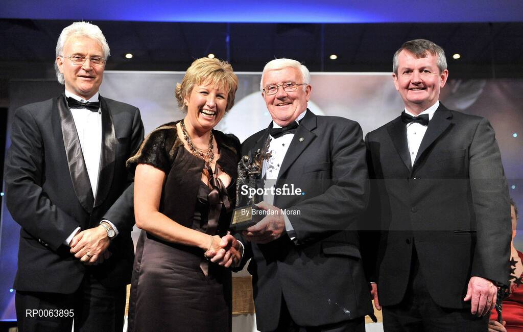 15 November 2008; Tom Madigan of Limerick is presented with the Hall of Fame award by Geraldine Giles, President, Cumann Peil na mBan, in the company of, from left, Tony Towell, O'Neills, and Pol O Gallchoir, Ceannsai, TG4. TG4 O'Neill's Ladies Football All-Stars Awards, Citywest Hotel, Dublin. Picture credit: Brendan Moran / SPORTSFILE