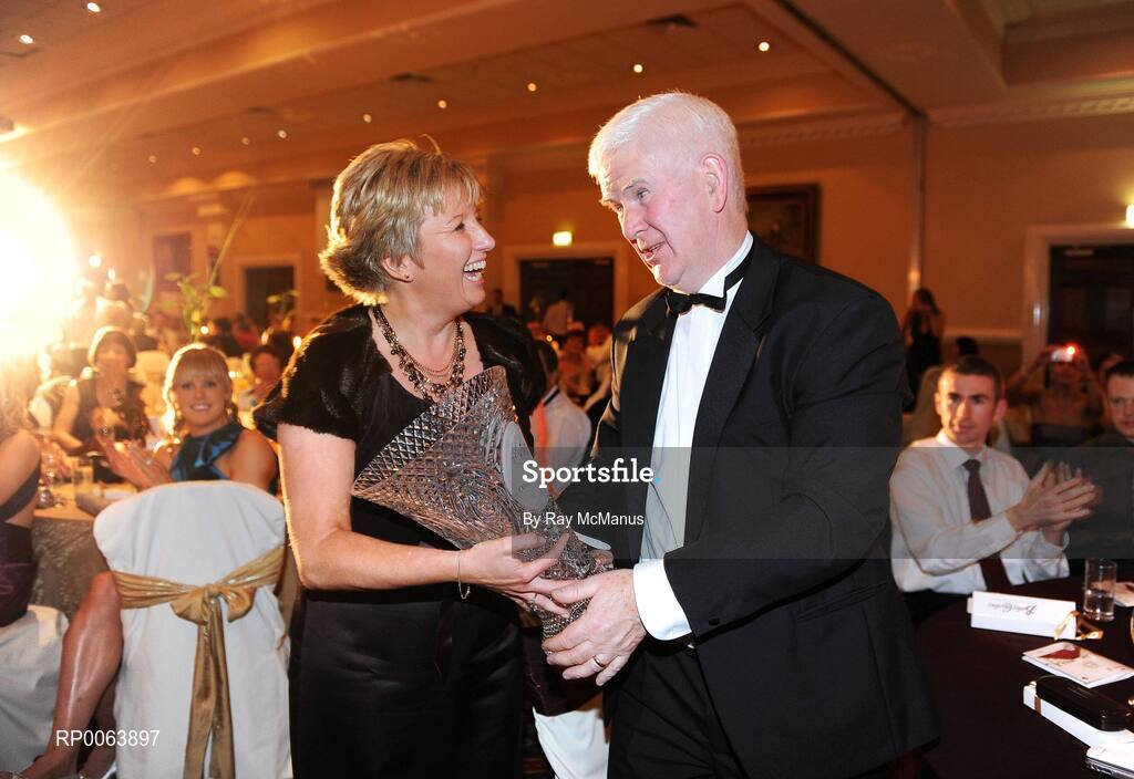 15 November 2008; Geraldine Giles, President, Cumann Peil na mBan, makes a special presentation to Jim O'Sullivan of the Irish Examiner in recognition of his contribution to the coverage of Ladies Football throughout his career. TG4 O'Neill's Ladies Football All-Stars Awards, Citywest Hotel, Dublin. Picture credit:  Ray McManus / SPORTSFILE