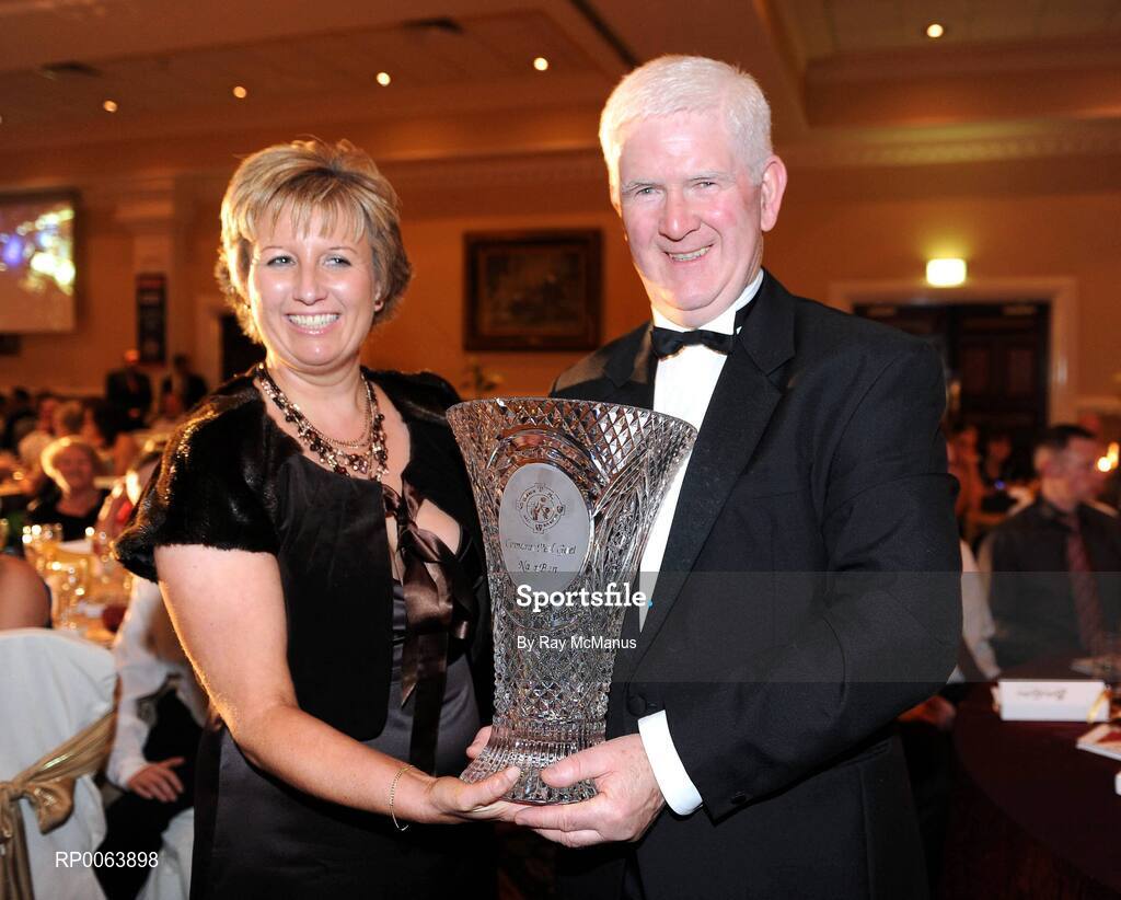 15 November 2008; Geraldine Giles, President, Cumann Peil na mBan, makes a special presentation to Jim O'Sullivan of the Irish Examiner in recognition of his contribution to the coverage of Ladies Football throughout his career. TG4 O'Neill's Ladies Football All-Stars Awards, Citywest Hotel, Dublin. Picture credit:  Ray McManus / SPORTSFILE