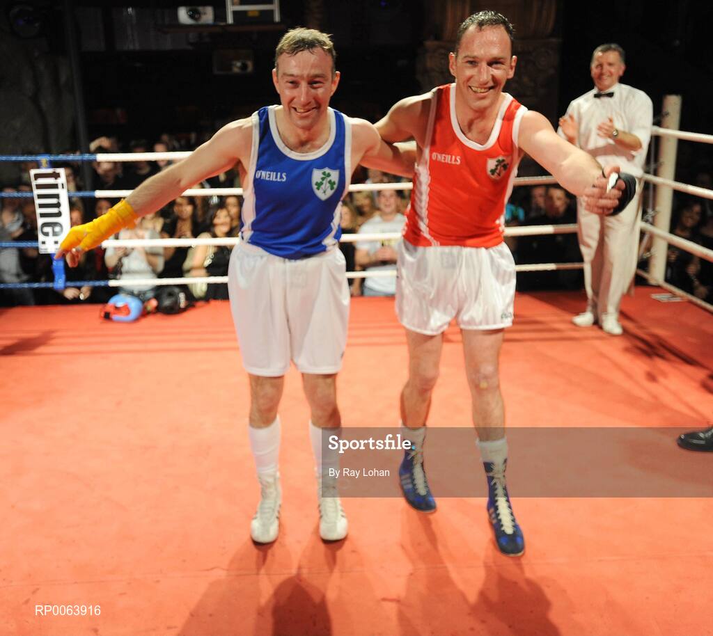 15 November 2008; Jockeys David Casey, left, and Paul Carberry after the fight. TV3 Kildare GAA Fight Night, Time: bar + venue, Naas, Co. Kildare. Picture credit: Ray Lohan / SPORTSFILE  *** Local Caption ***