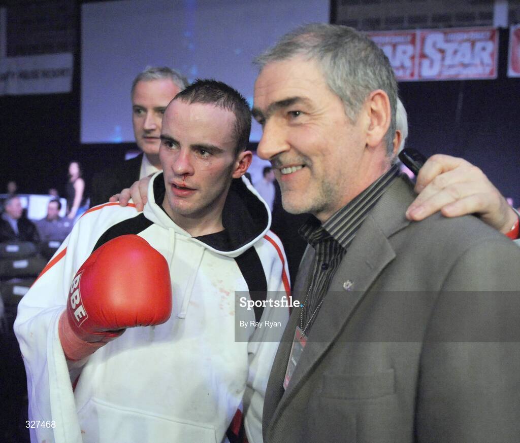 15 November 2008; Tyrone manager Mickey Harte congratulates Damian Taggart after his win against Jevgenijs Fjordoys. Hunky Dory Fight Night, Breaffy House Hotel, Mayo. Picture credit: Ray Ryan / SPORTSFILE