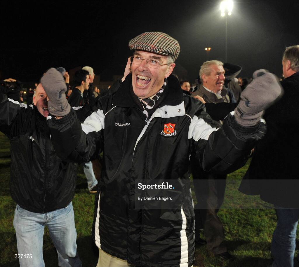 15 November 2008; Dundalk supporter Mickey McCourt celebrates after his team wins the eircom League First Division Title. Kildare County v Dundalk, Station Road, Kildare. Picture credit: Damien Eagers / SPORTSFILE