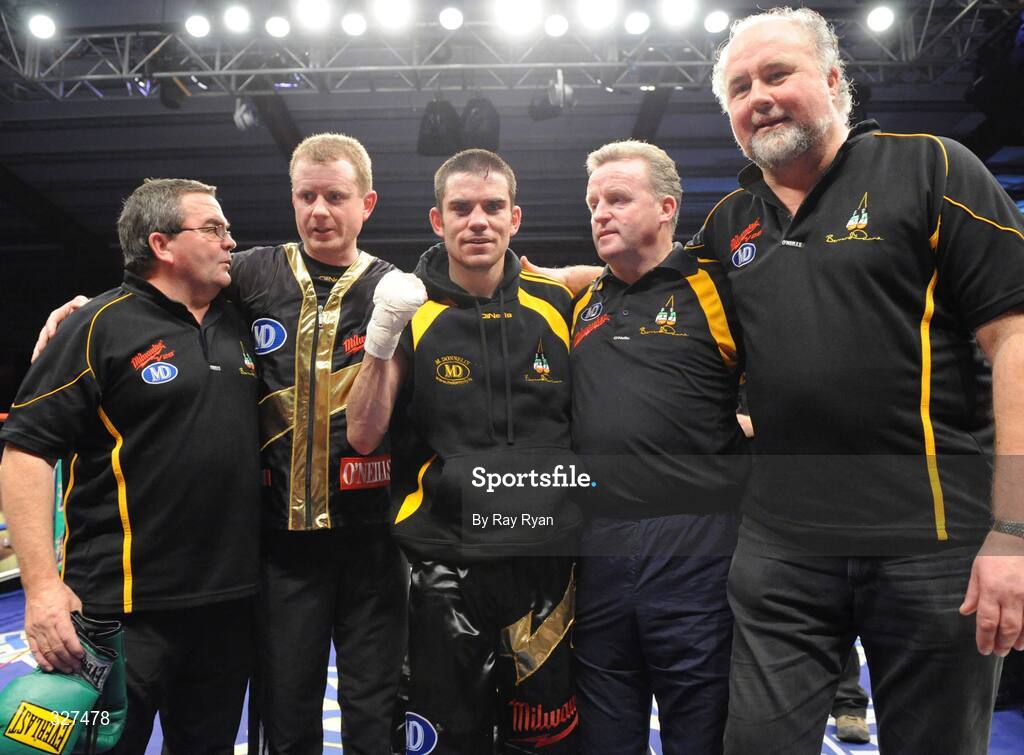 15 November 2008; Bernard Dunne, who suffered a cut to the head from Cristian Faccio resulting in the fight being stopped, is pictured with his Dad Brendan, Brian Peters, promoter, Hary Hawkins, trainer, and Martin Donnelly,  sponsor, Hunky Dory Fight Night, Breaffy House Hotel, Mayo. Picture credit: Ray Ryan / SPORTSFILE