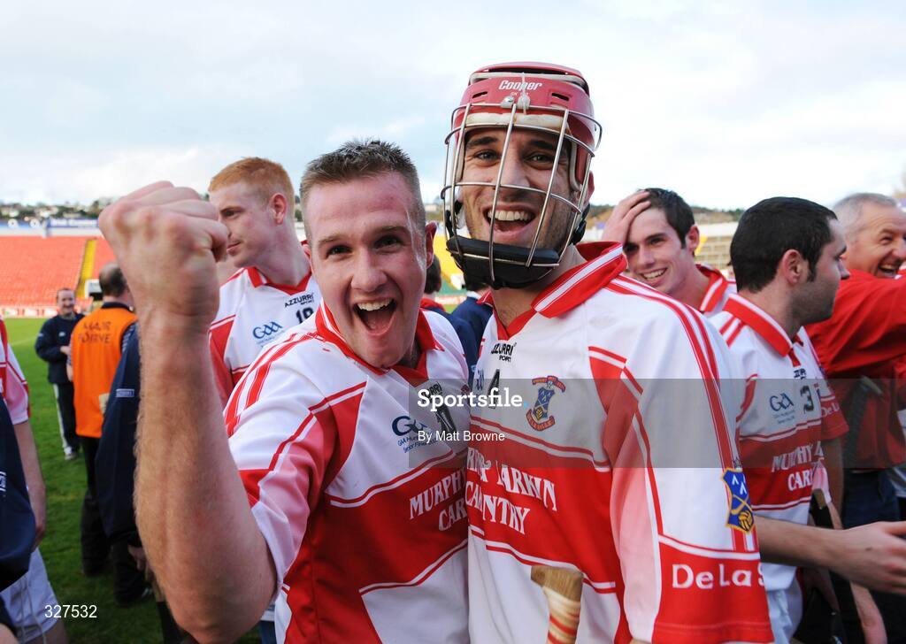 16 November 2008; Thomas Kearney, left, and Jason Foran, De La Salle celebrate after the final whistle. AIB Munster Senior Club Hurling Championship Semi-Final, Sarsfields v De La Salle, Pairc Ui Chaoimh, Cork. Picture credit: Matt Browne / SPORTSFILE