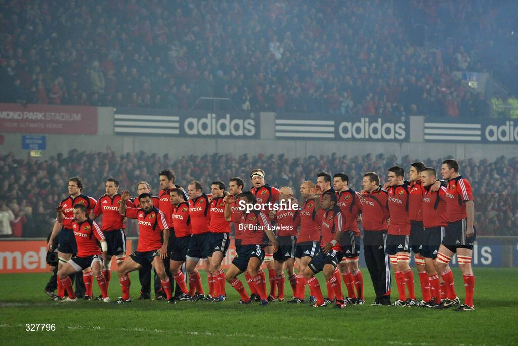 18 November 2008; Members of the Munster squad, playing for New Zealand, from left, Jeremy Manning, Rua Tipoki, Doug Howlett and Lifeimi Mafi perform the Haka before the Zurich Challenge Match between Munster and New Zealand at Thomond Park in Limerick. Photo by Brian Lawless/Sportsfile