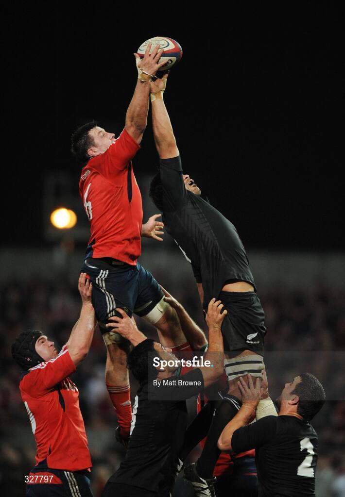 18 November 2008; James Coughlan, Munster, takes the ball in the lineout against Ross Filipo, New Zealand. Zurich Challenge Match, Munster v New Zealand, Thomond Park, Limerick. Picture credit: Matt Browne / SPORTSFILE