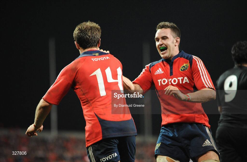 18 November 2008; Barry Murphy is congratulated by Niall Ronan, right, after scoring Munster try. Zurich Challenge Match, Munster v New Zealand, Thomond Park, Limerick. Picture credit: Diarmuid Greene / SPORTSFILE