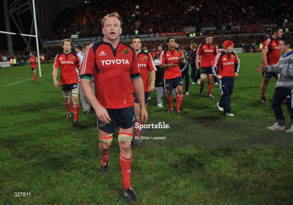 18 November 2008; Munster captain Mick O'Driscoll leads the team from the pitch after the match. Zurich Challenge Match, Munster v New Zealand, Thomond Park, Limerick. Picture credit: Brian Lawless / SPORTSFILE