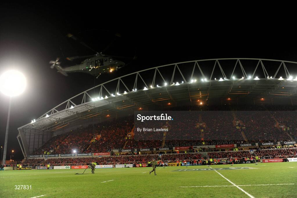 18 November 2008; The official match ball is delivered by helicopter before the match. Zurich Challenge Match, Munster v New Zealand, Thomond Park, Limerick. Picture credit: Brian Lawless / SPORTSFILE