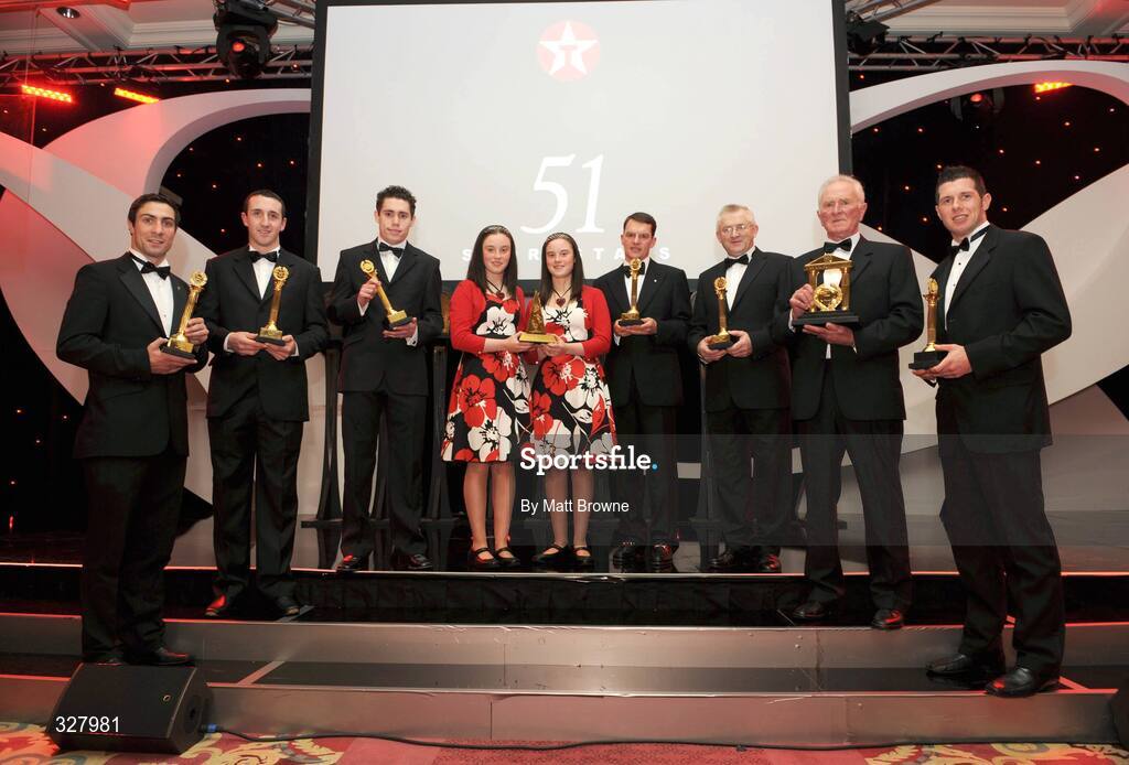 19 November 2008; Texaco Sports Stars Awards winners, from left to right, Olympic boxer Kenny Egan, Kilkenny hurler Eoin Larkin, Paralympian Jason Smyth, golfers Lisa and Leona Maguire, horse racing trainer Aidan O'Brien, Michael Corkery, father of Camogie and Ladies Gaelic footballer, Briege Corkery, Hall of fame winner Harry Gregg and Gaelic footballer Sean Cavanagh. Four Seasons Hotel, Ballsbridge, Dublin. Picture credit: Matt Browne / SPORTSFILE