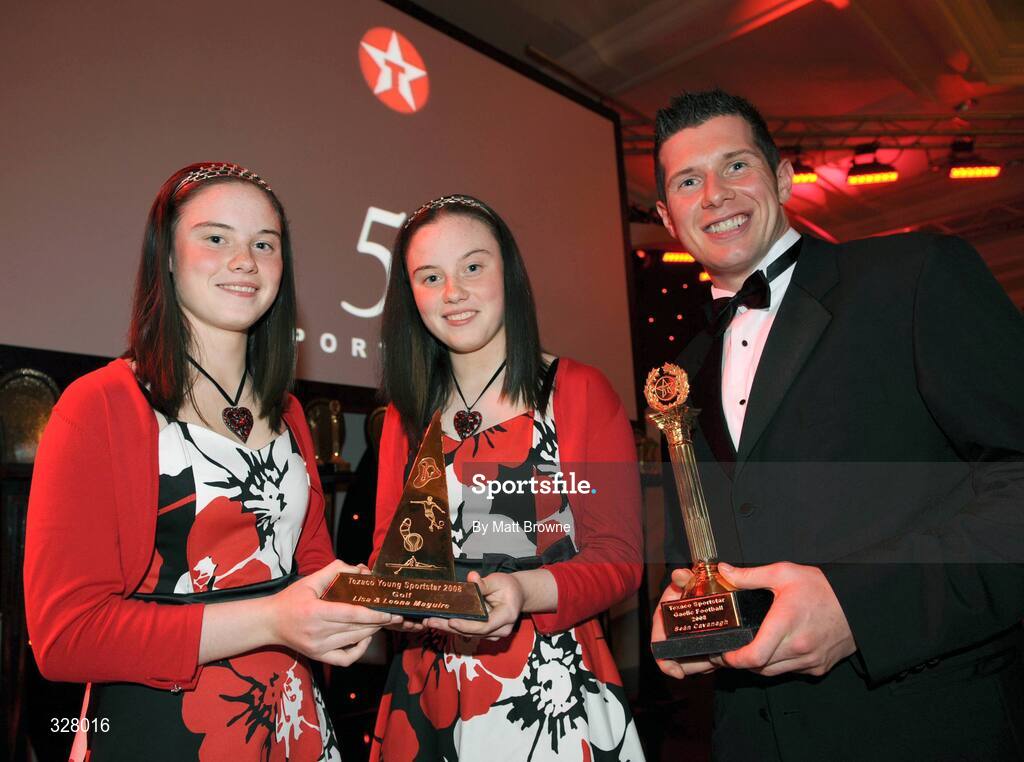 19 November 2008; Golfing sisters Leona and Lisa Maguire, who won the Young Sportstar Award, with Tyrone Gaelic footballer Sean Cavanagh at the Texaco Sports Stars Awards. Four Seasons Hotel, Ballsbridge, Dublin. Picture credit: Matt Browne / SPORTSFILE