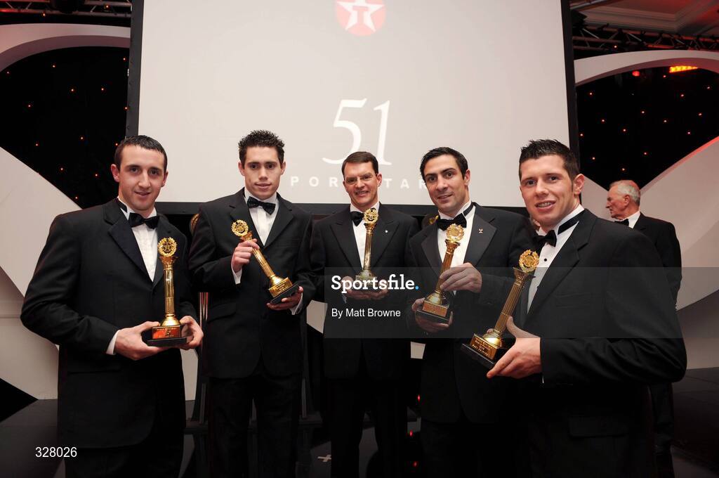 19 November 2008; At the Texaco Sports Stars Awards, from left to right, Kilkenny hurler Eoin Larkin, Paralympian, Jason Smyth, Horse racing trainer Aidan O'Brien, Olympic boxer Kenny Egan and Tyrone Gaelic footballer Sean Kavanagh. Four Seasons Hotel, Ballsbridge, Dublin. Picture credit: Matt Browne / SPORTSFILE