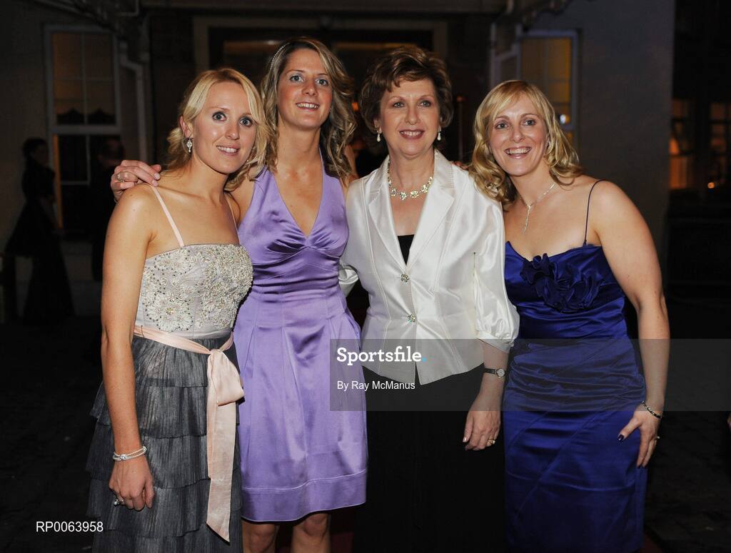 15 November 2008; President Mary McAleese with Cork award winners, from left, Nollaig Cleary, Juliet Murphy and Elaine Harte. TG4 O'Neill's Ladies Football All-Stars Awards, Citywest Hotel, Dublin. Picture credit:  Ray McManus / SPORTSFILE