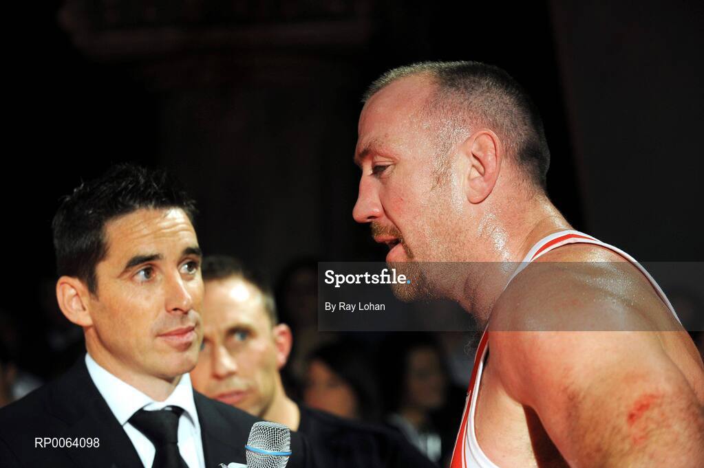 15 November 2008; Killian Whelan from KFM Radio speaks to Trevor Brennan after his bout with David Nevin. Kildare GAA Fight Night, Time: bar + venue, Naas, Co. Kildare. Picture credit: Ray Lohan / SPORTSFILE