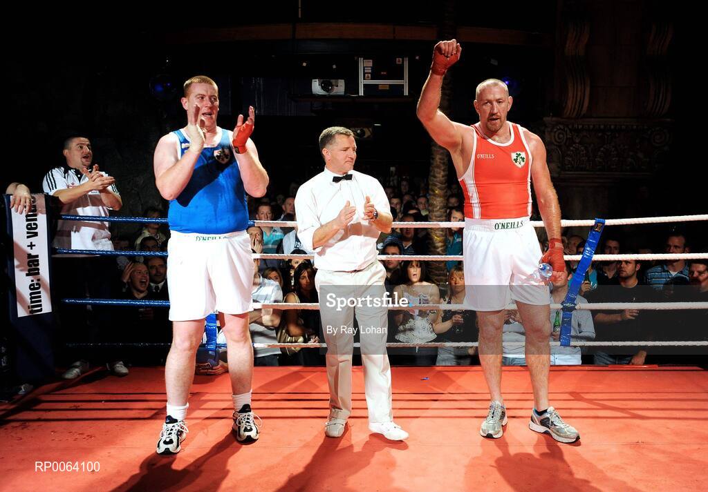 15 November 2008; Trevor Brenan, right, celerabtes victory over David Nevin. Kildare GAA Fight Night, Time: bar + venue, Naas, Co. Kildare. Picture credit: Ray Lohan / SPORTSFILE  *** Local Caption ***
