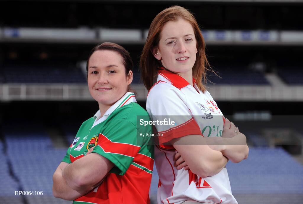 18 November 2008; Senior players Michelle McGing, left, captain Carnacon, Co. Mayo, and Anne Marie Walsh, captain Inch Rovers, Co. Cork, ahead of the 2008 Vhi Healthcare All-Ireland Club Finals. The senior, intermediate and junior finals will take place over the coming two weekends. Croke Park, Dublin. Photo by Sportsfile