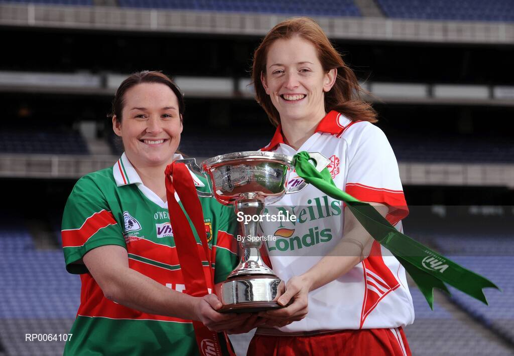 18 November 2008; Senior players Michelle McGing, left, captain Carnacon, Co. Mayo, and Anne Marie Walsh, captain Inch Rovers, Co. Cork, ahead of the 2008 Vhi Healthcare All-Ireland Club Finals. The senior, intermediate and junior finals will take place over the coming two weekends. Croke Park, Dublin. Photo by Sportsfile