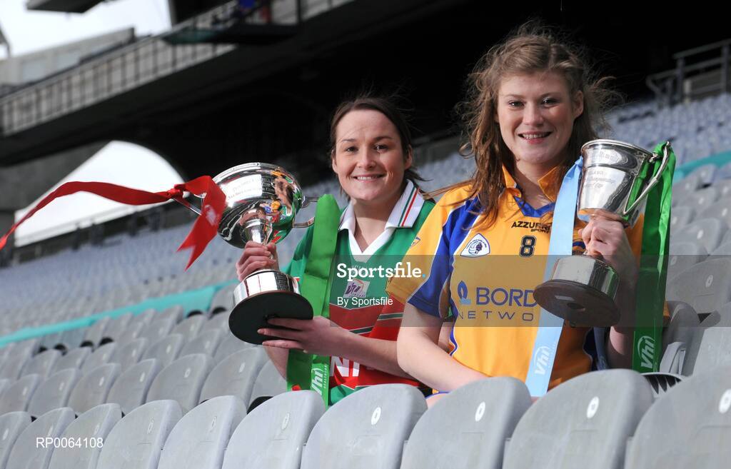 18 November 2008; Senior player Michelle McGing, left, captain Carnacon, Co. Mayo, and junior player Aine Clarke, captain Knockmore, Co. Mayo, ahead of the 2008 Vhi Healthcare All-Ireland Club Finals. The senior, intermediate and junior finals will take place over the coming two weekends. Croke Park, Dublin. Photo by Sportsfile