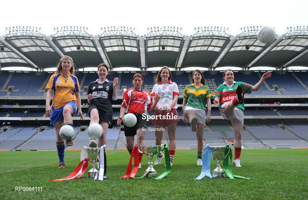 18 November 2008; Aine Clarke, captain Knockmore, Co. Mayo, Sinead Mohan, captain Emyvale, Co. Monaghan, Lisa Ni Shuibhne, Ballingeary Inchigeela, Co. Cork, Anne Marie Walsh, captain Inch Rovers, Co. Cork, Fiona O'Neill, captain Kilmihil, Co. Clare, and Michelle McGing, captain Carnacon, Co. Mayo, ahead of the 2008 Vhi Healthcare All-Ireland Club Finals. The senior, intermediate and junior finals will take place over the coming two weekends. Croke Park, Dublin. Photo by Sportsfile