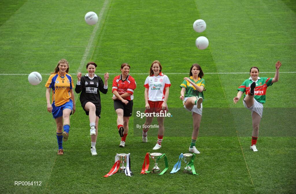 18 November 2008; Aine Clarke, captain Knockmore, Co. Mayo, Sinead Mohan, captain Emyvale, Co. Monaghan, Lisa Ni Shuibhne, Ballingeary Inchigeela, Co. Cork, Anne Marie Walsh, captain Inch Rovers, Co. Cork, Fiona O'Neill, captain Kilmihil, Co. Clare, and Michelle McGing, captain Carnacon, Co. Mayo, ahead of the 2008 Vhi Healthcare All-Ireland Club Finals. The senior, intermediate and junior finals will take place over the coming two weekends. Croke Park, Dublin. Photo by Sportsfile