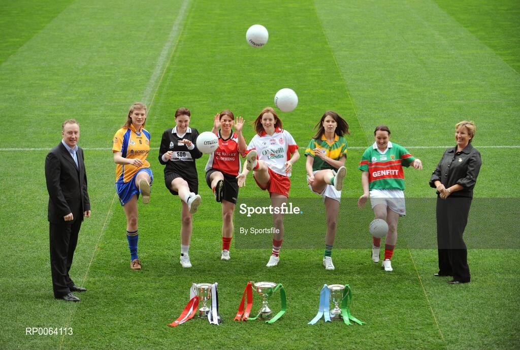 18 November 2008; Director of Marketing and Business Development, Vhi Healthcare, Declan Moran, left, and Uachtaran Peil Gael na mBan Geraldine Gile, far right, with players, from left to right,  Aine Clarke, captain Knockmore, Co. Mayo, Sinead Mohan, captain Emyvale, Co. Monaghan, Lisa Ni Shuibhne, Ballingeary Inchigeela, Co. Cork, Anne Marie Walsh, captain Inch Rovers, Co. Cork, Fiona O'Neill, captain Kilmihil, Co. Clare, and Michelle McGing, captain Carnacon, Co. Mayo, ahead of the 2008 Vhi Healthcare All-Ireland Club Finals. The senior, intermediate and junior finals will take place over the coming two weekends. Croke Park, Dublin. Photo by Sportsfile