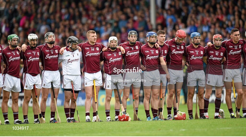 26 July 2015; The Galway team during the National Anthem. GAA Hurling All-Ireland Senior Championship, Quarter-Final, Galway v Cork. Semple Stadium, Thurles, Co. Tipperary. Picture credit: Stephen McCarthy / SPORTSFILE